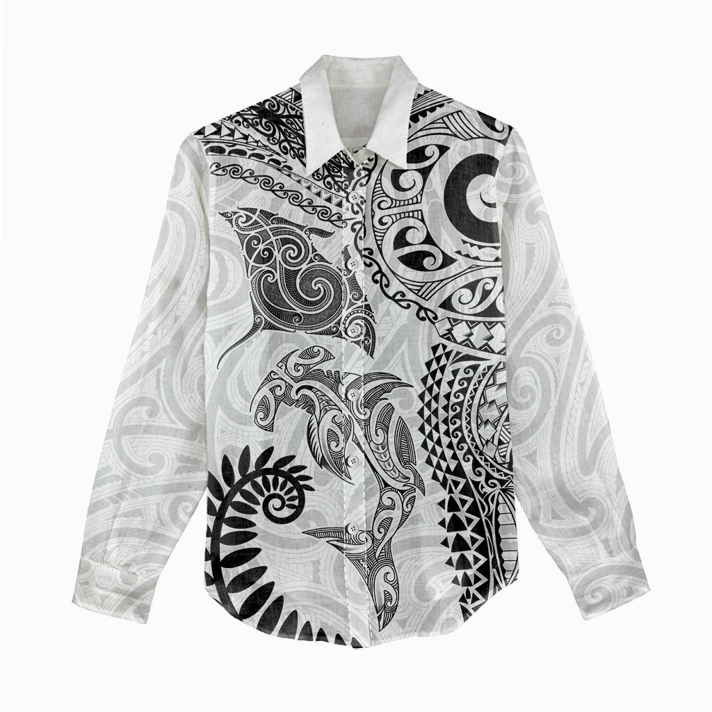 Aotearoa Maori Sea Animals Tribal Women Casual Shirt Manta Ray and Shark Moko Pattern White Color