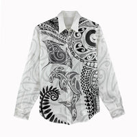 Aotearoa Maori Sea Animals Tribal Women Casual Shirt Manta Ray and Shark Moko Pattern White Color