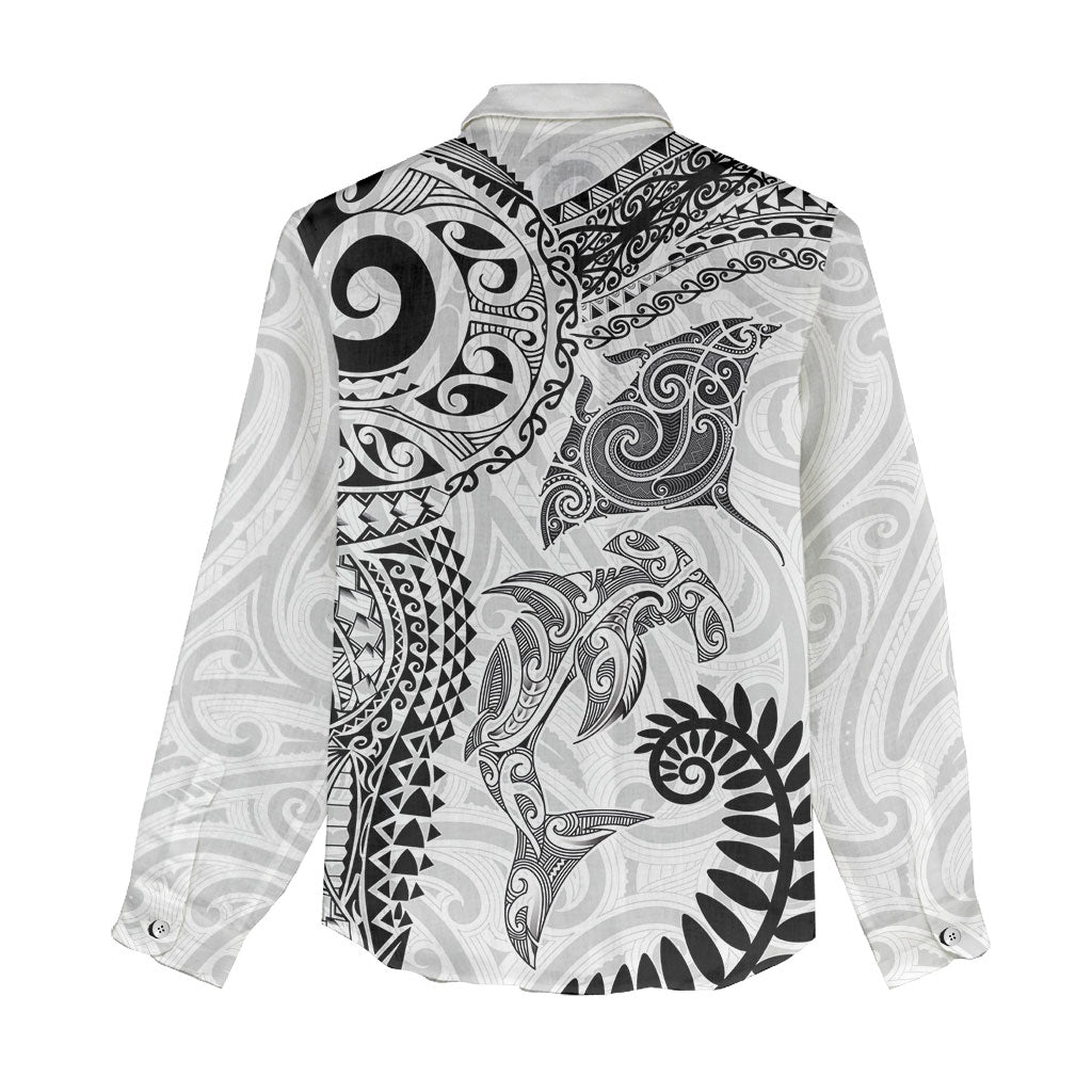 Aotearoa Maori Sea Animals Tribal Women Casual Shirt Manta Ray and Shark Moko Pattern White Color