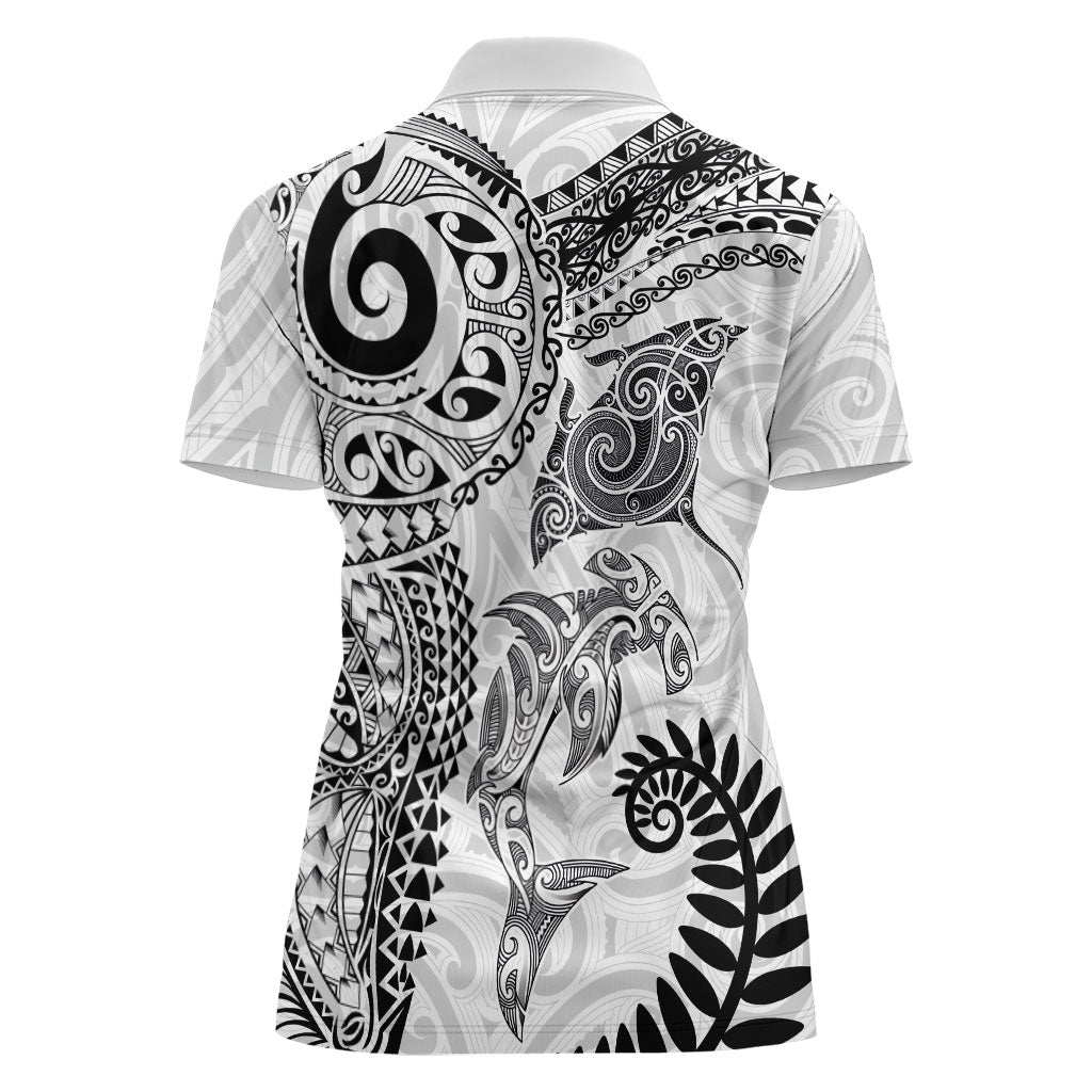Aotearoa Maori Sea Animals Tribal Women Polo Shirt Manta Ray and Shark Moko Pattern White Color