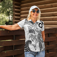Aotearoa Maori Sea Animals Tribal Women Polo Shirt Manta Ray and Shark Moko Pattern White Color
