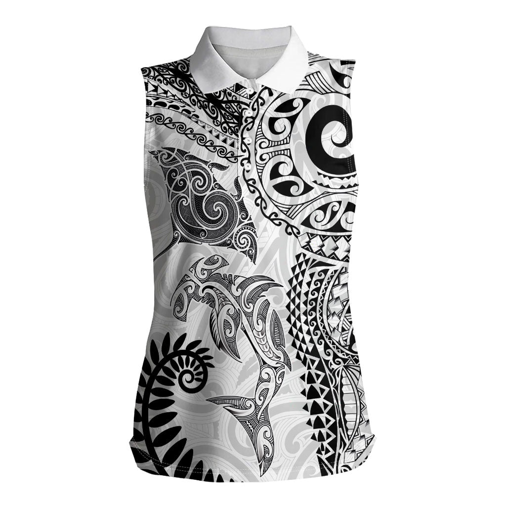 Aotearoa Maori Sea Animals Tribal Women Sleeveless Polo Shirt Manta Ray and Shark Moko Pattern White Color