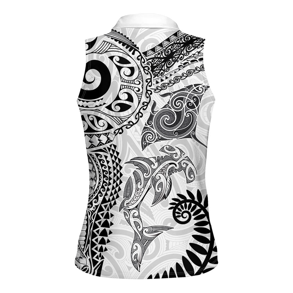 Aotearoa Maori Sea Animals Tribal Women Sleeveless Polo Shirt Manta Ray and Shark Moko Pattern White Color