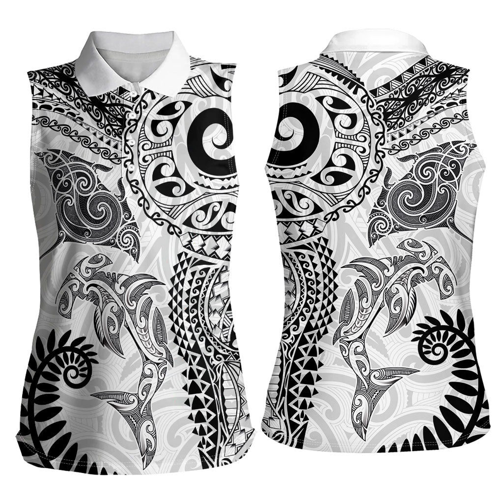 Aotearoa Maori Sea Animals Tribal Women Sleeveless Polo Shirt Manta Ray and Shark Moko Pattern White Color