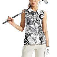 Aotearoa Maori Sea Animals Tribal Women Sleeveless Polo Shirt Manta Ray and Shark Moko Pattern White Color