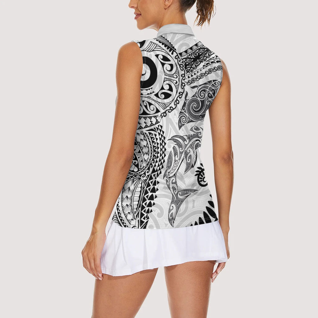 Aotearoa Maori Sea Animals Tribal Women Sleeveless Polo Shirt Manta Ray and Shark Moko Pattern White Color