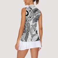 Aotearoa Maori Sea Animals Tribal Women Sleeveless Polo Shirt Manta Ray and Shark Moko Pattern White Color