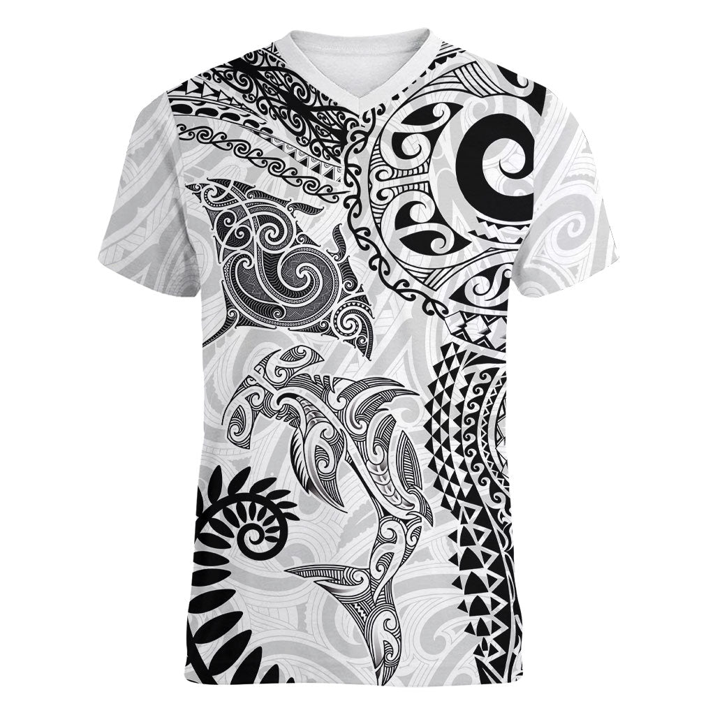 Aotearoa Maori Sea Animals Tribal Women V-Neck T-Shirt Manta Ray and Shark Moko Pattern White Color