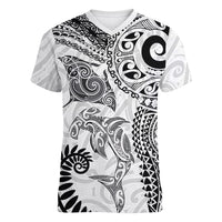Aotearoa Maori Sea Animals Tribal Women V-Neck T-Shirt Manta Ray and Shark Moko Pattern White Color