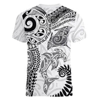 Aotearoa Maori Sea Animals Tribal Women V-Neck T-Shirt Manta Ray and Shark Moko Pattern White Color