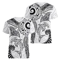 Aotearoa Maori Sea Animals Tribal Women V-Neck T-Shirt Manta Ray and Shark Moko Pattern White Color