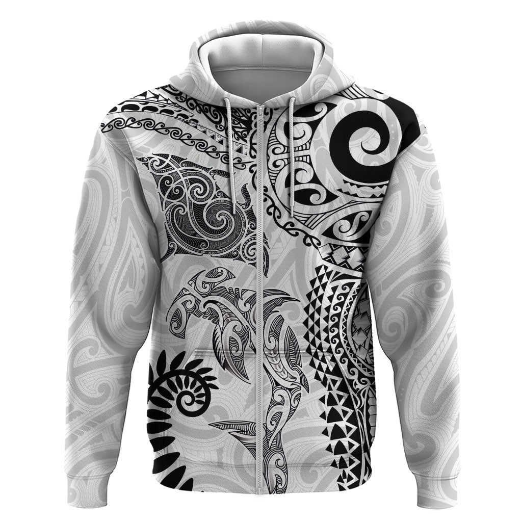 Aotearoa Maori Sea Animals Tribal Zip Hoodie Manta Ray and Shark Moko Pattern White Color