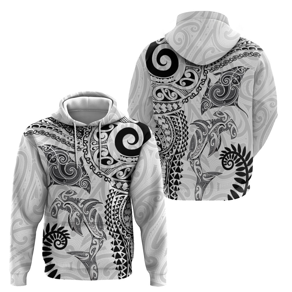 Aotearoa Maori Sea Animals Tribal Zip Hoodie Manta Ray and Shark Moko Pattern White Color
