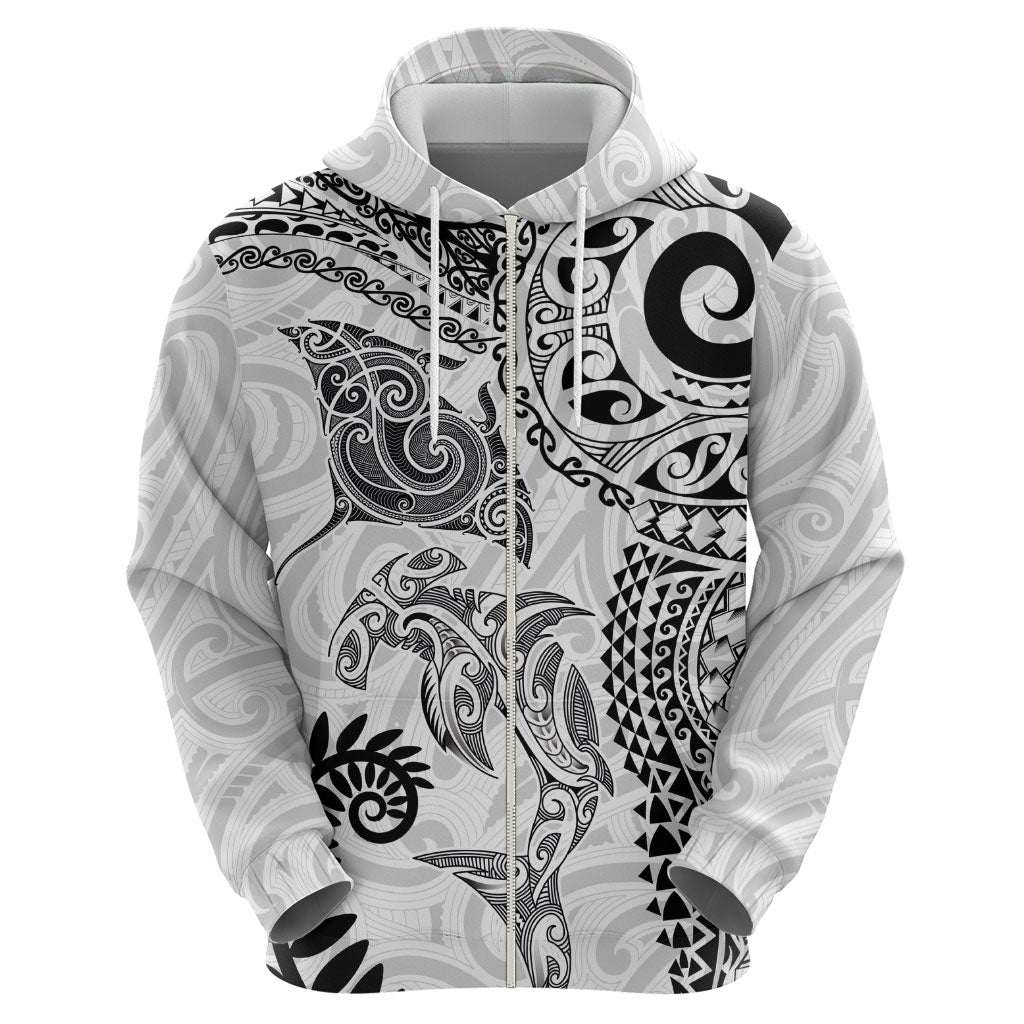 Aotearoa Maori Sea Animals Tribal Zip Hoodie Manta Ray and Shark Moko Pattern White Color