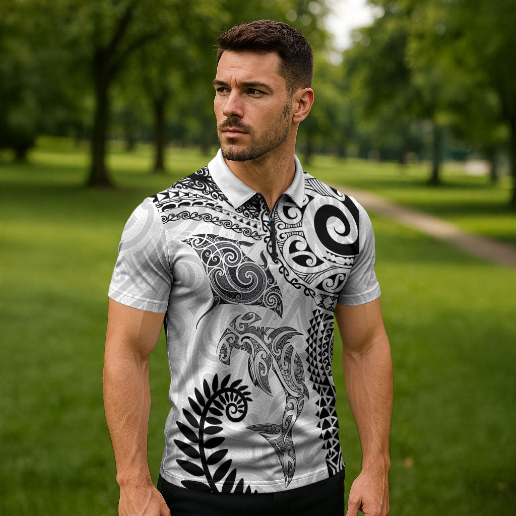 Aotearoa Maori Sea Animals Tribal Zipper Polo Shirt Manta Ray and Shark Moko Pattern White Color