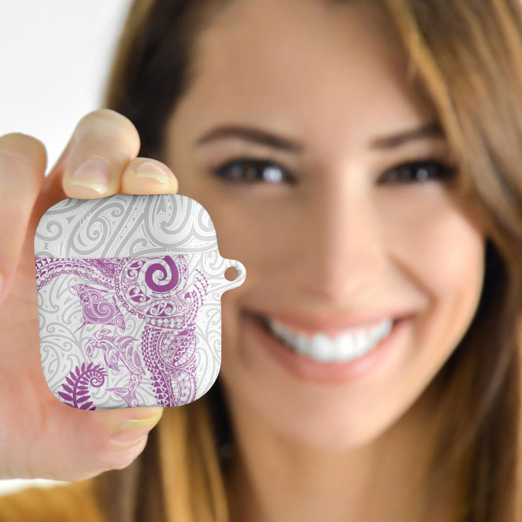 Aotearoa Maori Sea Animals Tribal AirPods Case Manta Ray and Shark Moko Pattern Pink Color