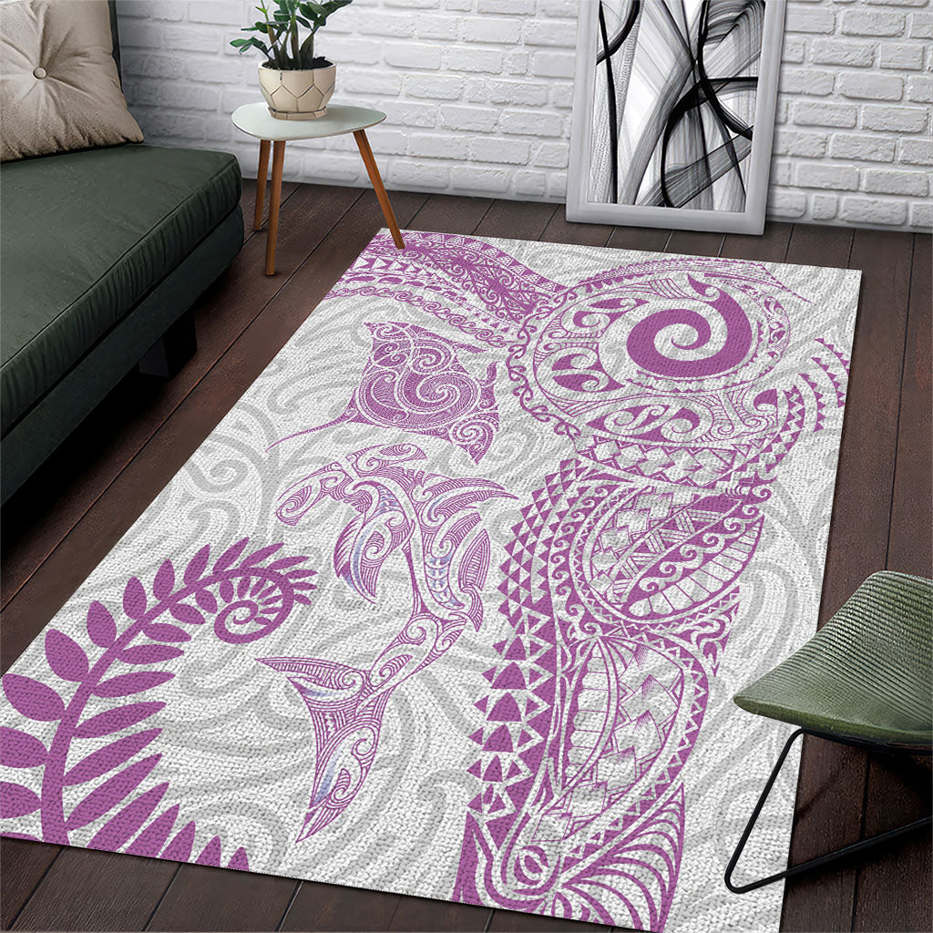 Aotearoa Maori Sea Animals Tribal Area Rug Manta Ray and Shark Moko Pattern Pink Color