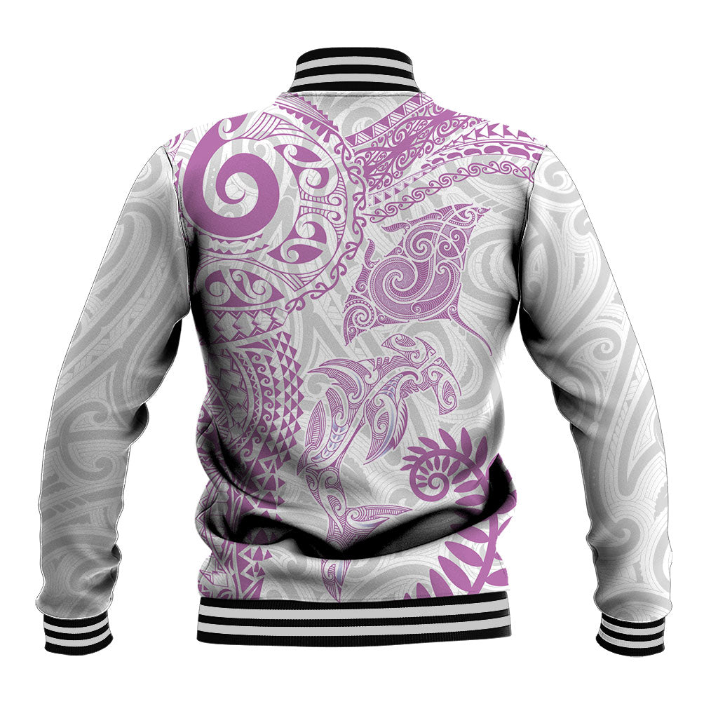 Aotearoa Maori Sea Animals Tribal Baseball Jacket Manta Ray and Shark Moko Pattern Pink Color