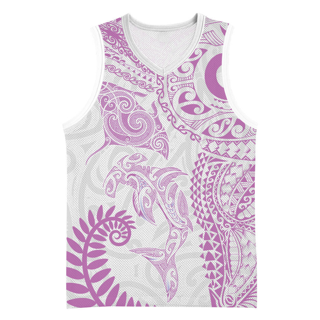 Aotearoa Maori Sea Animals Tribal Basketball Jersey Manta Ray and Shark Moko Pattern Pink Color