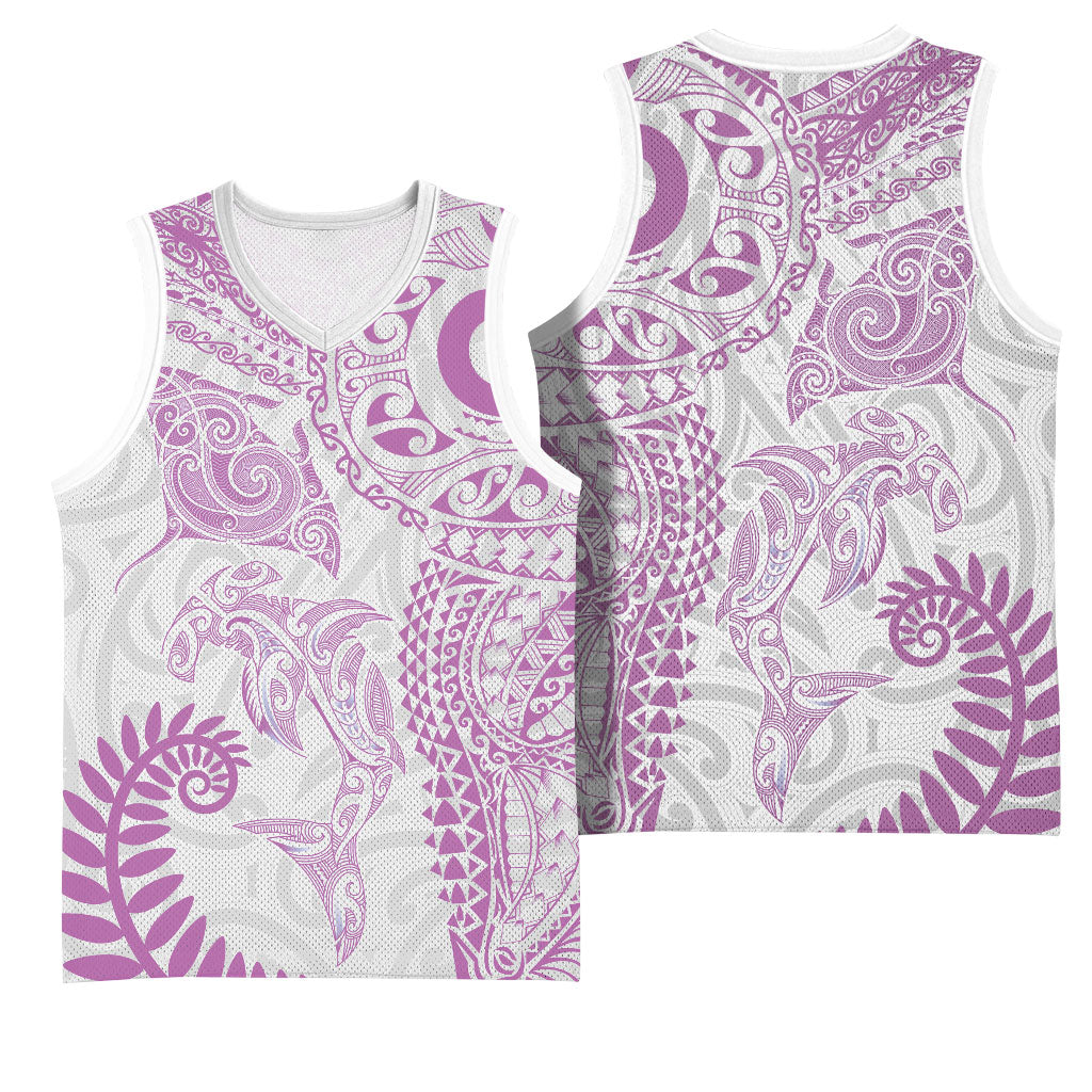Aotearoa Maori Sea Animals Tribal Basketball Jersey Manta Ray and Shark Moko Pattern Pink Color