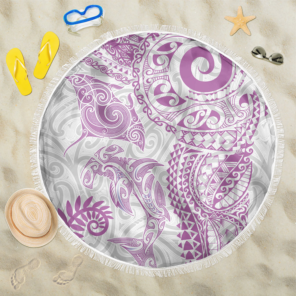 Aotearoa Maori Sea Animals Tribal Beach Blanket Manta Ray and Shark Moko Pattern Pink Color