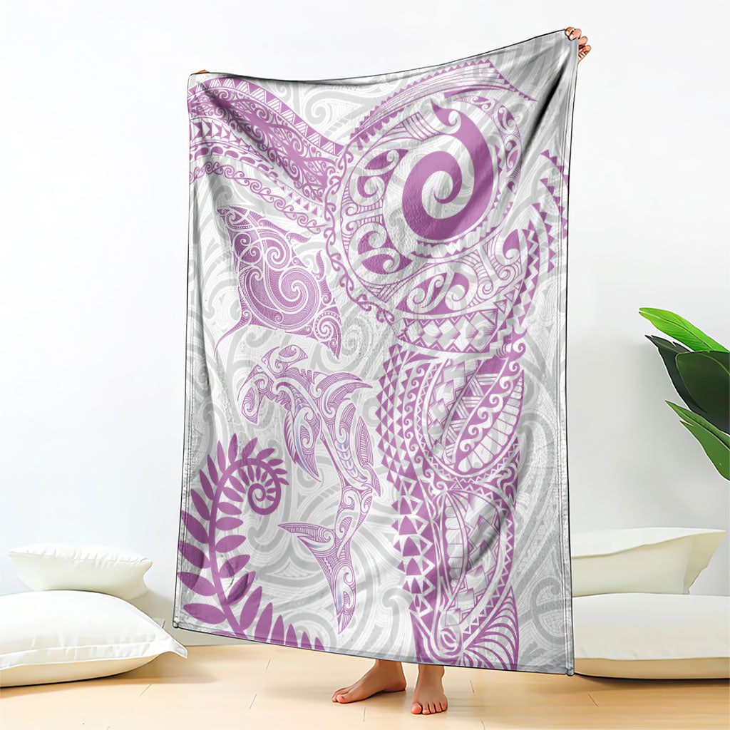 Aotearoa Maori Sea Animals Tribal Blanket Manta Ray and Shark Moko Pattern Pink Color