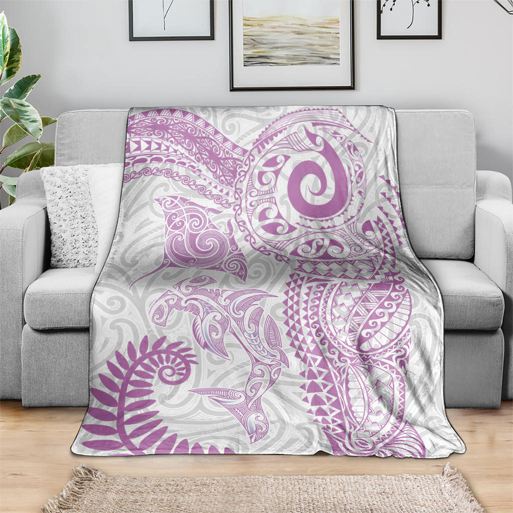 Aotearoa Maori Sea Animals Tribal Blanket Manta Ray and Shark Moko Pattern Pink Color