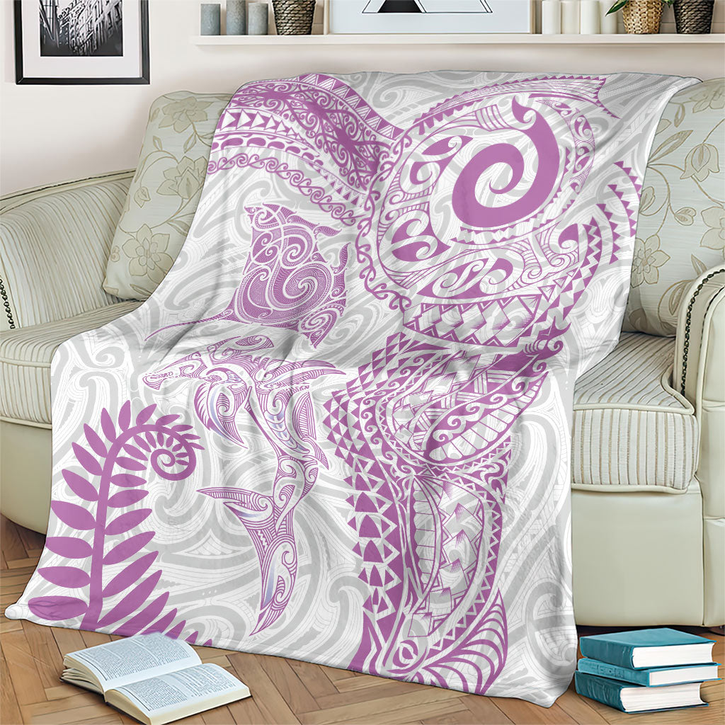 Aotearoa Maori Sea Animals Tribal Blanket Manta Ray and Shark Moko Pattern Pink Color