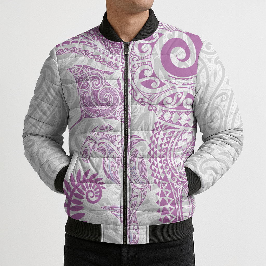 Aotearoa Maori Sea Animals Tribal Bomber Puffer Jacket Manta Ray and Shark Moko Pattern Pink Color