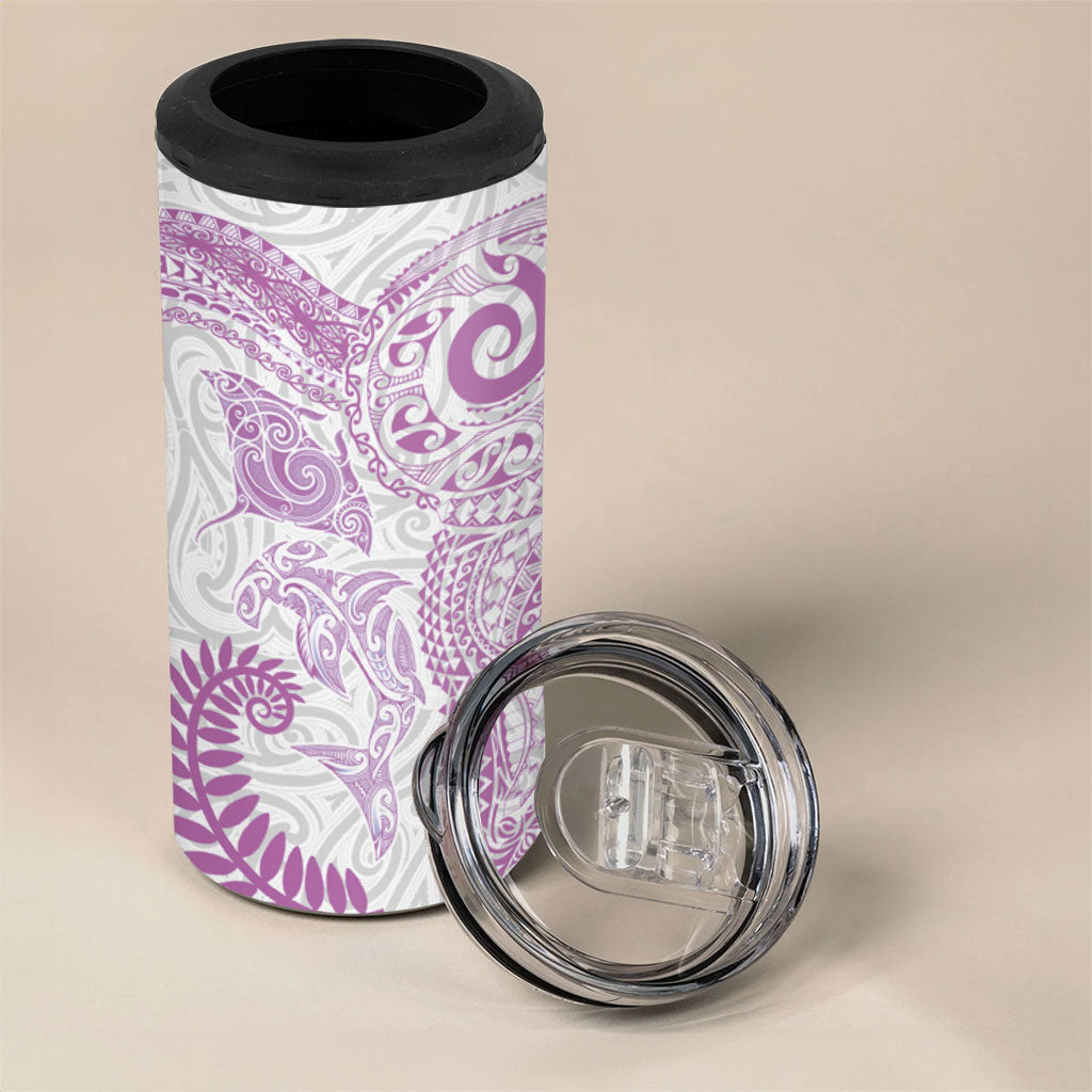 Aotearoa Maori Sea Animals Tribal 4 in 1 Can Cooler Tumbler Manta Ray and Shark Moko Pattern Pink Color