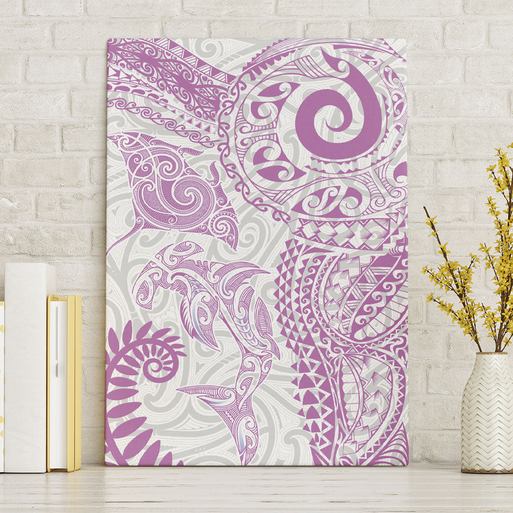 Aotearoa Maori Sea Animals Tribal Canvas Wall Art Manta Ray and Shark Moko Pattern Pink Color