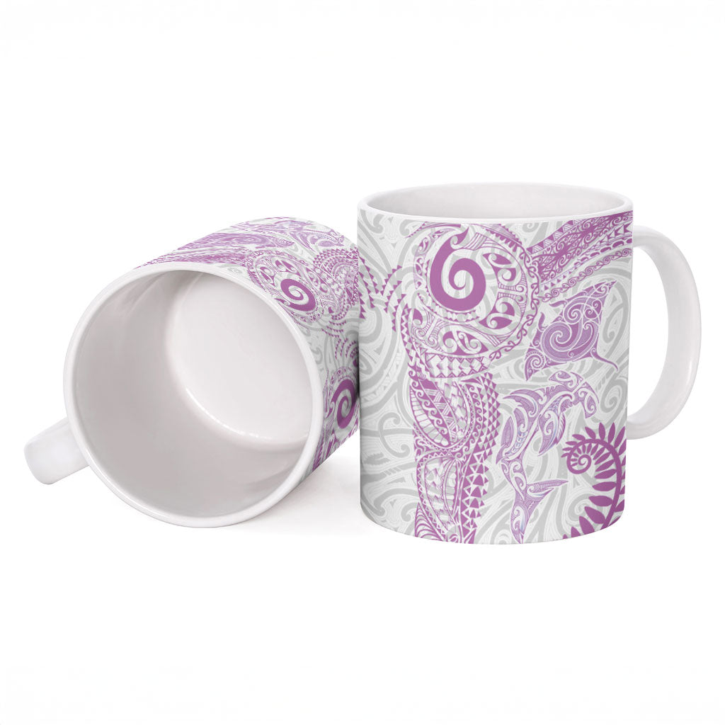 Aotearoa Maori Sea Animals Tribal Ceramic Mug Manta Ray and Shark Moko Pattern Pink Color