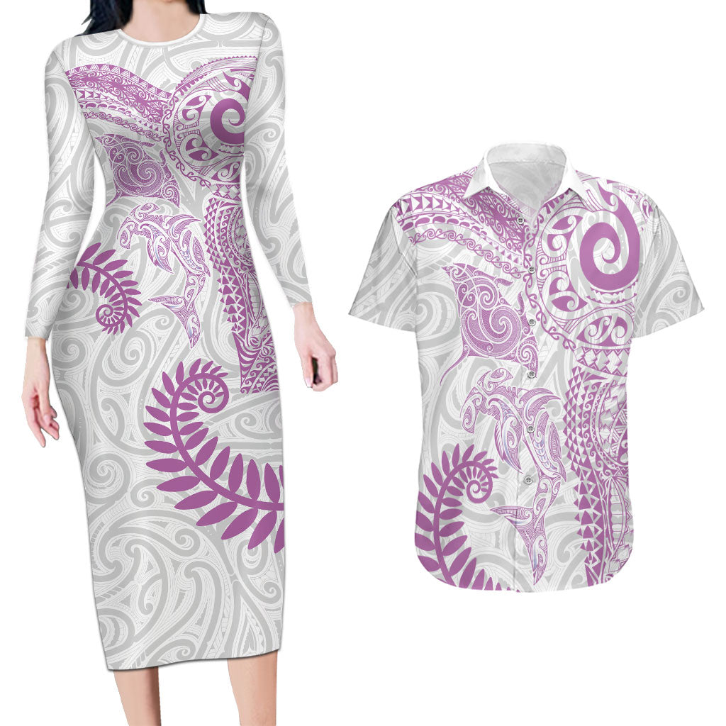 Aotearoa Maori Sea Animals Tribal Couples Matching Long Sleeve Bodycon Dress and Hawaiian Shirt Manta Ray and Shark Moko Pattern Pink Color