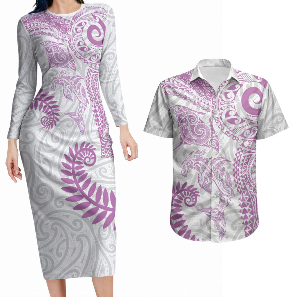 Aotearoa Maori Sea Animals Tribal Couples Matching Long Sleeve Bodycon Dress and Hawaiian Shirt Manta Ray and Shark Moko Pattern Pink Color LT03 Pink - Polynesian Pride