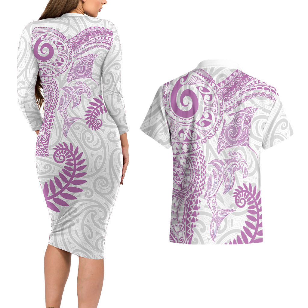 Aotearoa Maori Sea Animals Tribal Couples Matching Long Sleeve Bodycon Dress and Hawaiian Shirt Manta Ray and Shark Moko Pattern Pink Color