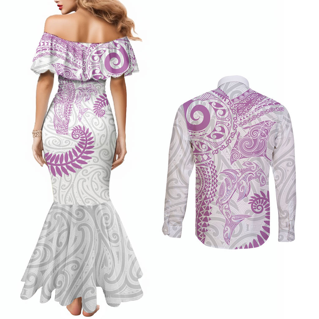Aotearoa Maori Sea Animals Tribal Couples Matching Mermaid Dress and Long Sleeve Button Shirt Manta Ray and Shark Moko Pattern Pink Color