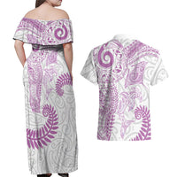 Aotearoa Maori Sea Animals Tribal Couples Matching Off Shoulder Maxi Dress and Hawaiian Shirt Manta Ray and Shark Moko Pattern Pink Color