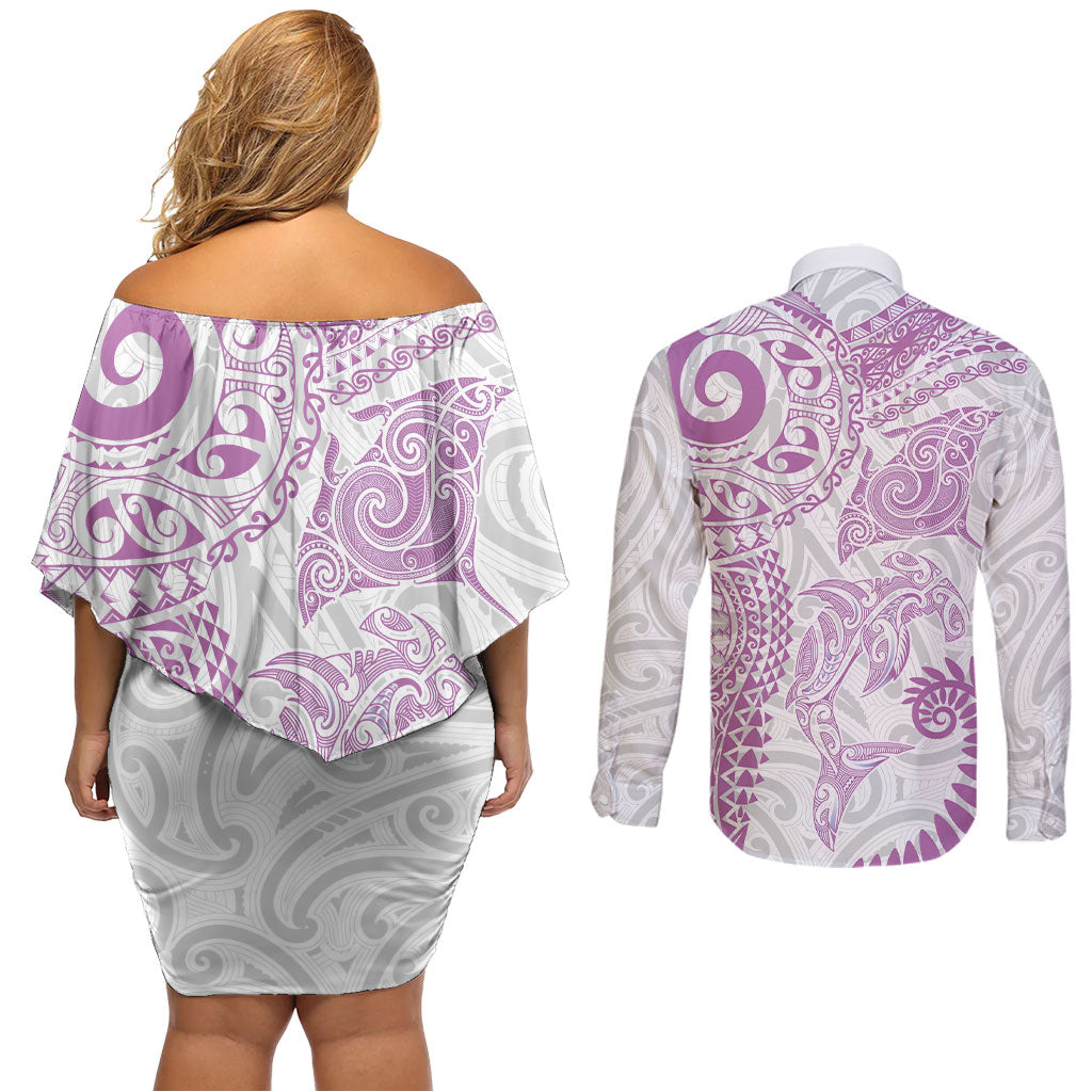 Aotearoa Maori Sea Animals Tribal Couples Matching Off Shoulder Short Dress and Long Sleeve Button Shirt Manta Ray and Shark Moko Pattern Pink Color