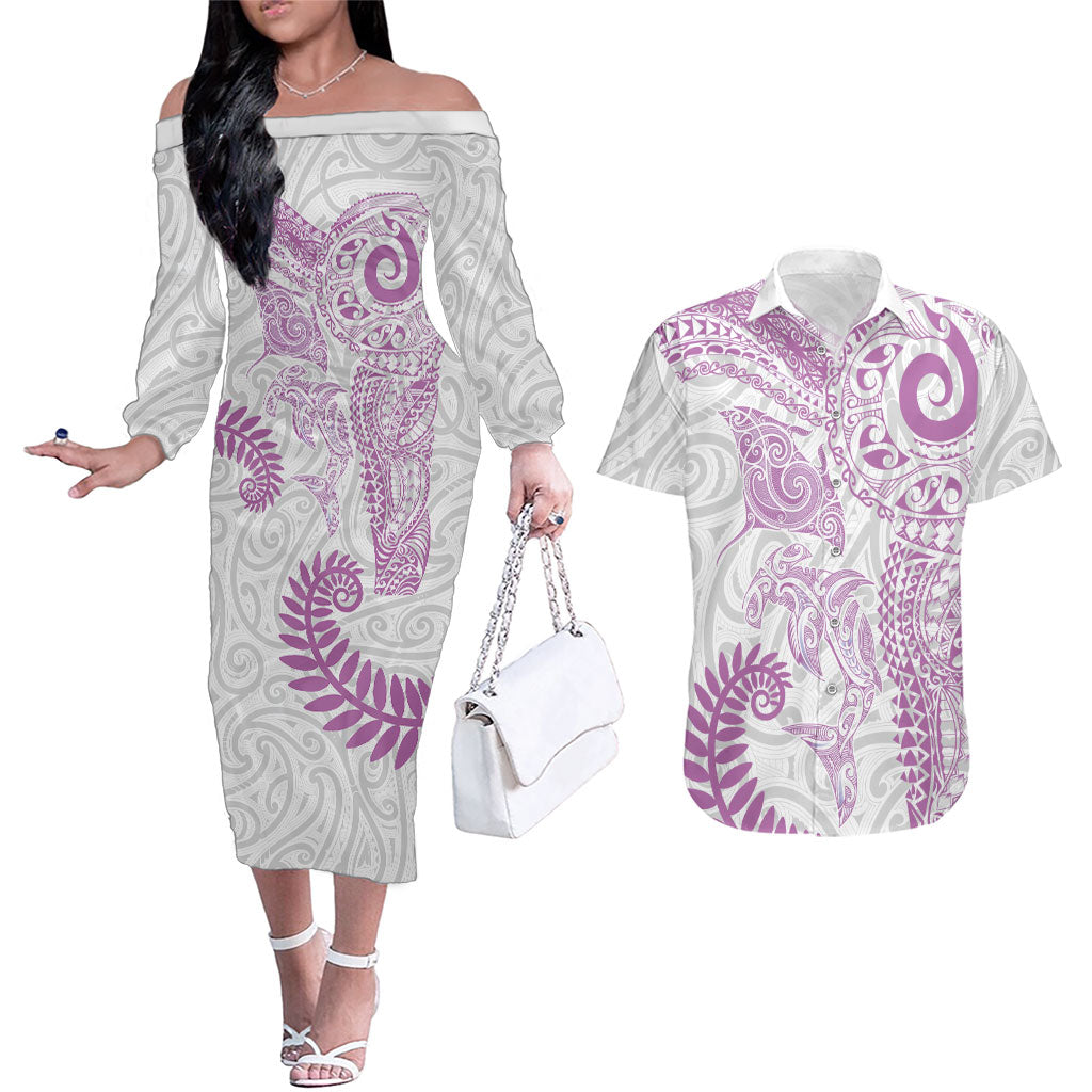 Aotearoa Maori Sea Animals Tribal Couples Matching Off The Shoulder Long Sleeve Dress and Hawaiian Shirt Manta Ray and Shark Moko Pattern Pink Color