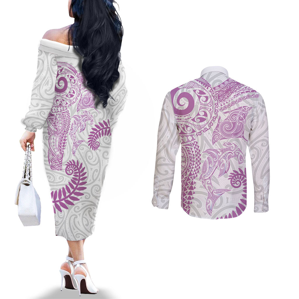 Aotearoa Maori Sea Animals Tribal Couples Matching Off The Shoulder Long Sleeve Dress and Long Sleeve Button Shirt Manta Ray and Shark Moko Pattern Pink Color