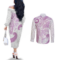 Aotearoa Maori Sea Animals Tribal Couples Matching Off The Shoulder Long Sleeve Dress and Long Sleeve Button Shirt Manta Ray and Shark Moko Pattern Pink Color