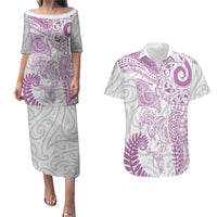 Aotearoa Maori Sea Animals Tribal Couples Matching Puletasi and Hawaiian Shirt Manta Ray and Shark Moko Pattern Pink Color