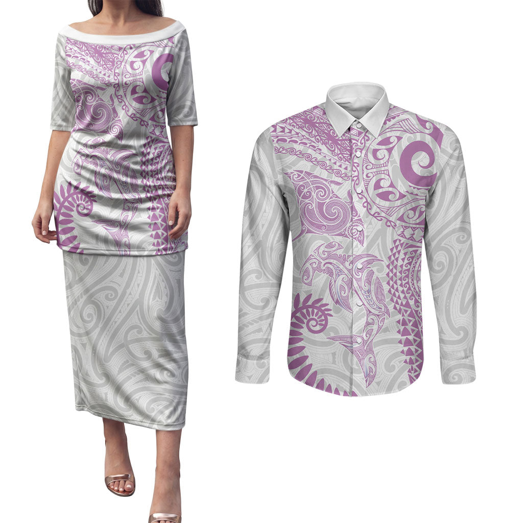 Aotearoa Maori Sea Animals Tribal Couples Matching Puletasi and Long Sleeve Button Shirt Manta Ray and Shark Moko Pattern Pink Color LT03 Pink - Polynesian Pride