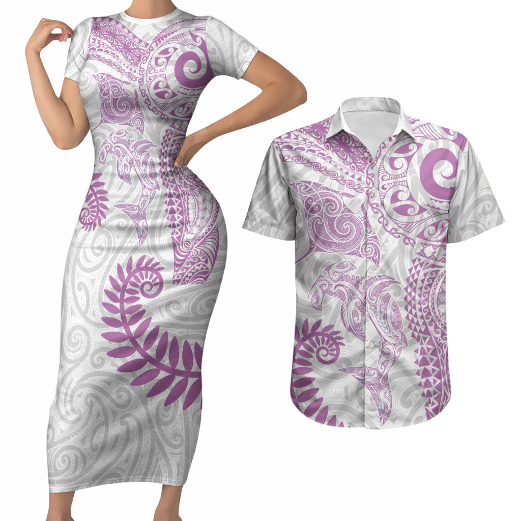Aotearoa Maori Sea Animals Tribal Couples Matching Short Sleeve Bodycon Dress and Hawaiian Shirt Manta Ray and Shark Moko Pattern Pink Color LT03 Pink - Polynesian Pride