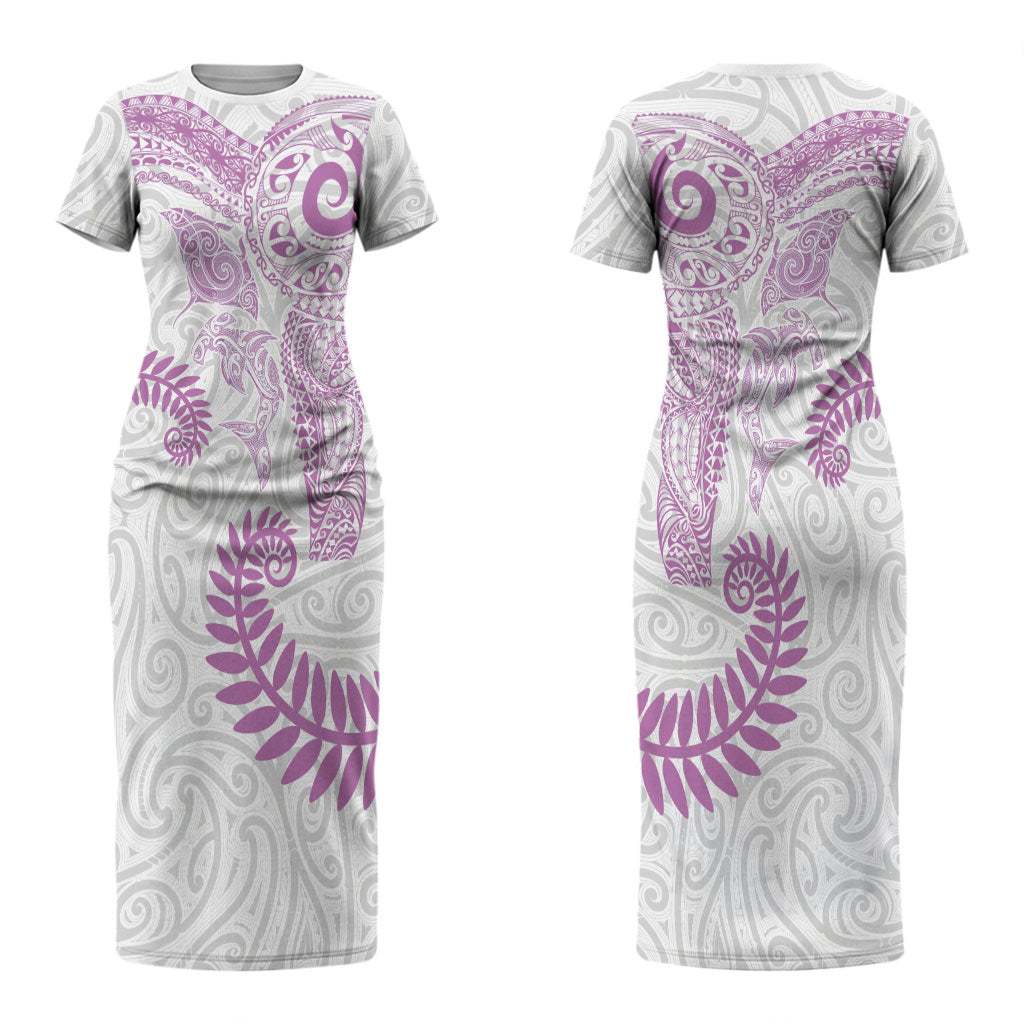 Aotearoa Maori Sea Animals Tribal Couples Matching Short Sleeve Bodycon Dress and Hawaiian Shirt Manta Ray and Shark Moko Pattern Pink Color LT03 - Polynesian Pride