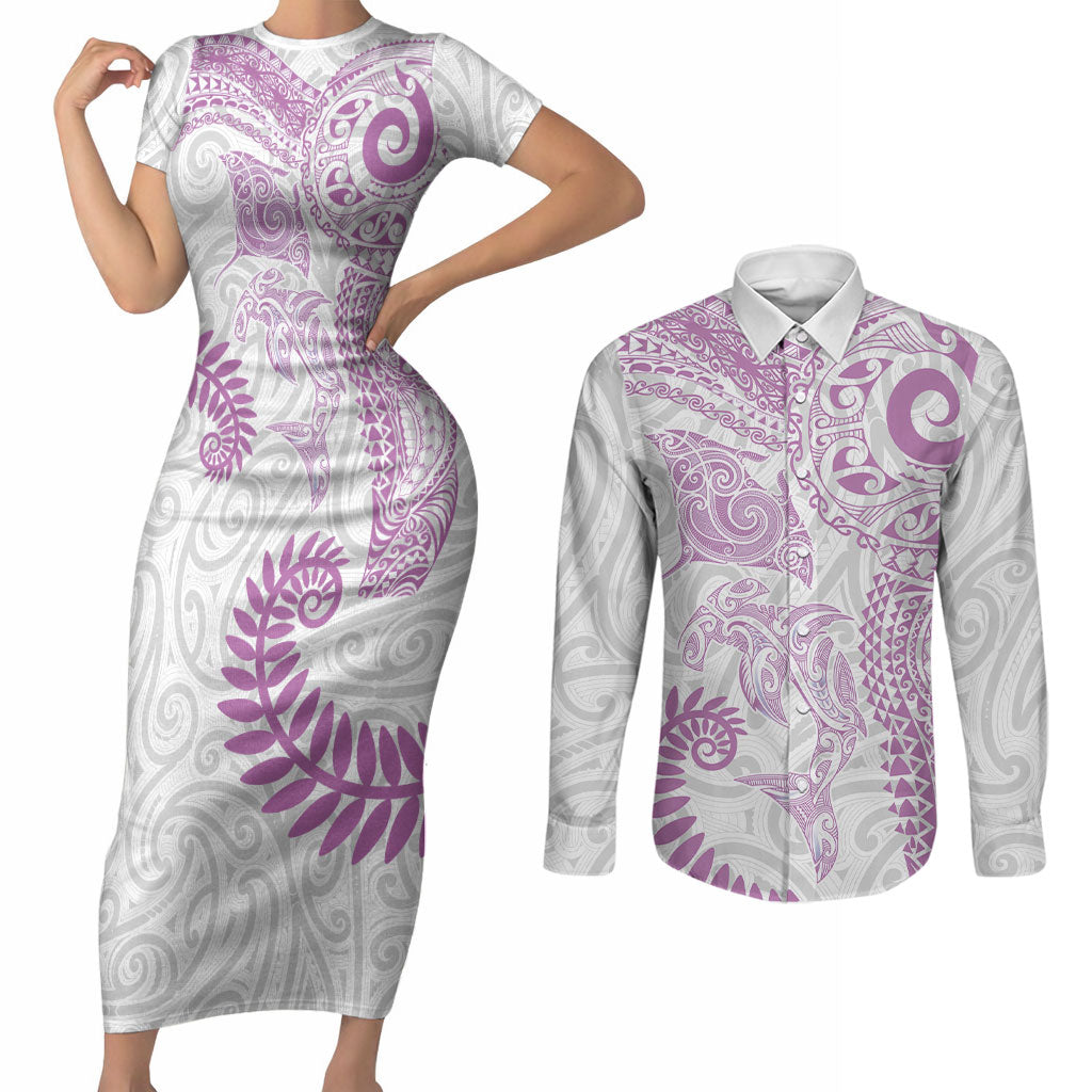 Aotearoa Maori Sea Animals Tribal Couples Matching Short Sleeve Bodycon Dress and Long Sleeve Button Shirt Manta Ray and Shark Moko Pattern Pink Color LT03 Pink - Polynesian Pride
