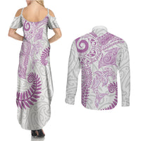 Aotearoa Maori Sea Animals Tribal Couples Matching Summer Maxi Dress and Long Sleeve Button Shirt Manta Ray and Shark Moko Pattern Pink Color