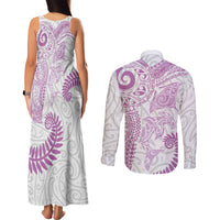 Aotearoa Maori Sea Animals Tribal Couples Matching Tank Maxi Dress and Long Sleeve Button Shirt Manta Ray and Shark Moko Pattern Pink Color