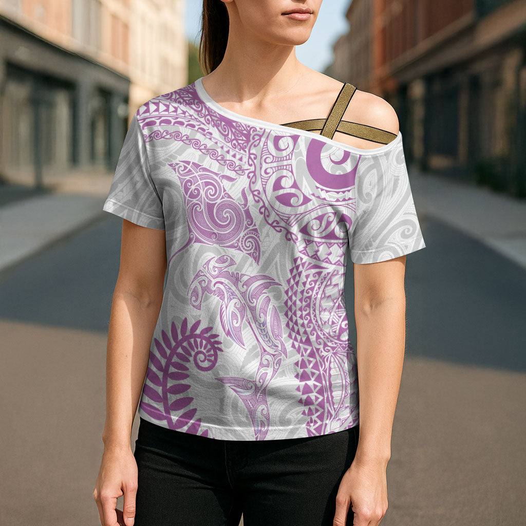 Aotearoa Maori Sea Animals Tribal Cross Shoulder Shirt Manta Ray and Shark Moko Pattern Pink Color