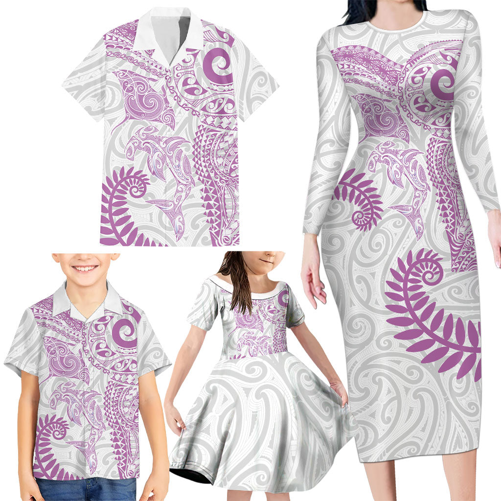 Aotearoa Maori Sea Animals Tribal Family Matching Long Sleeve Bodycon Dress and Hawaiian Shirt Manta Ray and Shark Moko Pattern Pink Color